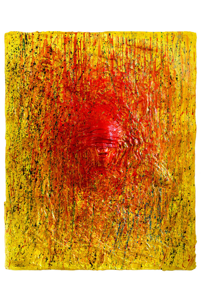 L'opera d'arte intitolata "L'uomo che non vede" è realizzata con gesso, pigmenti naturali e acrilico su tela dallo scultore Cesare Catania