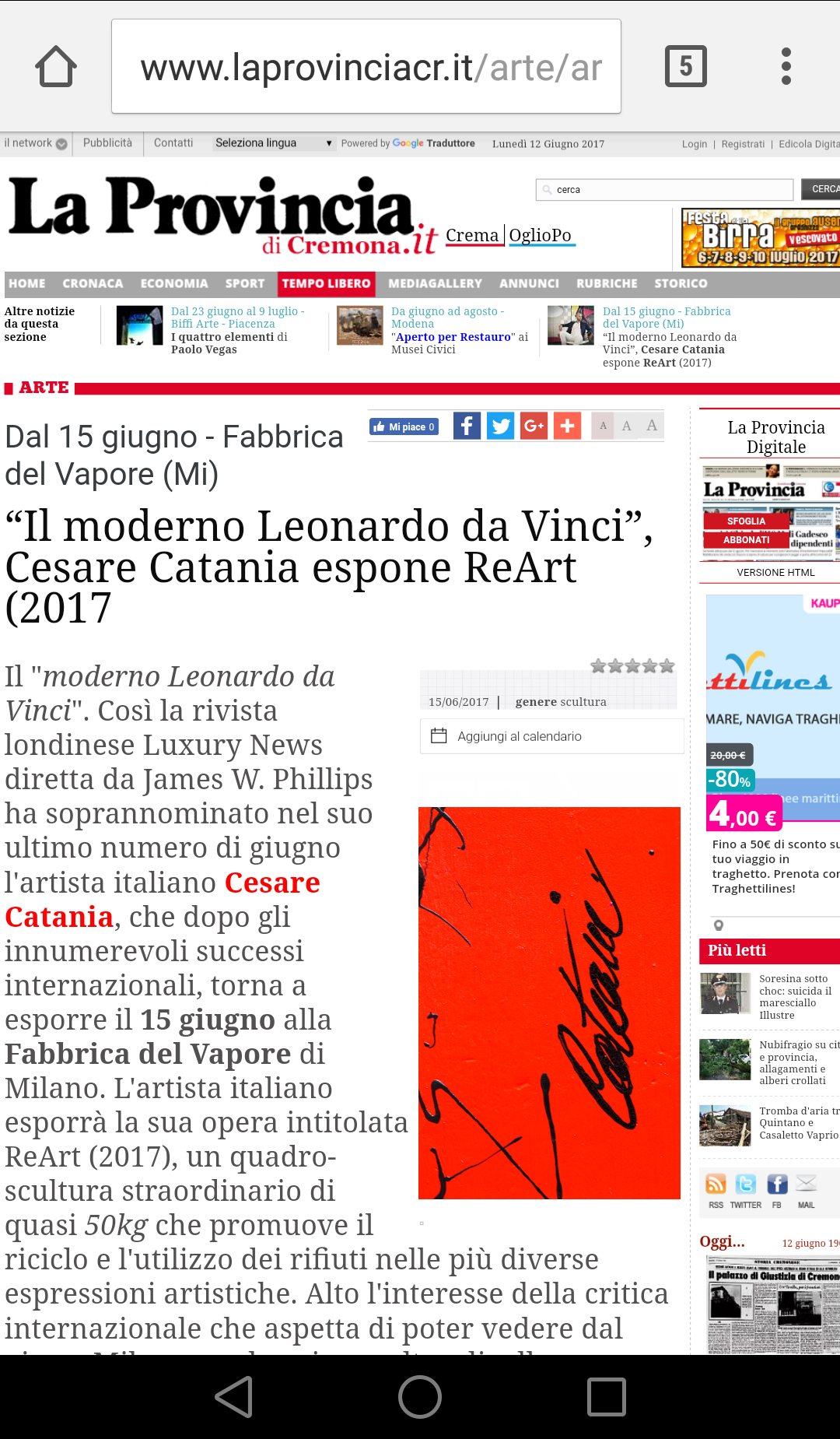 Articoli sulla presenza di Cesare Catania alla mostra d arte contemporanea al museo della fabbrica del Vapore come Ospite d'Onore