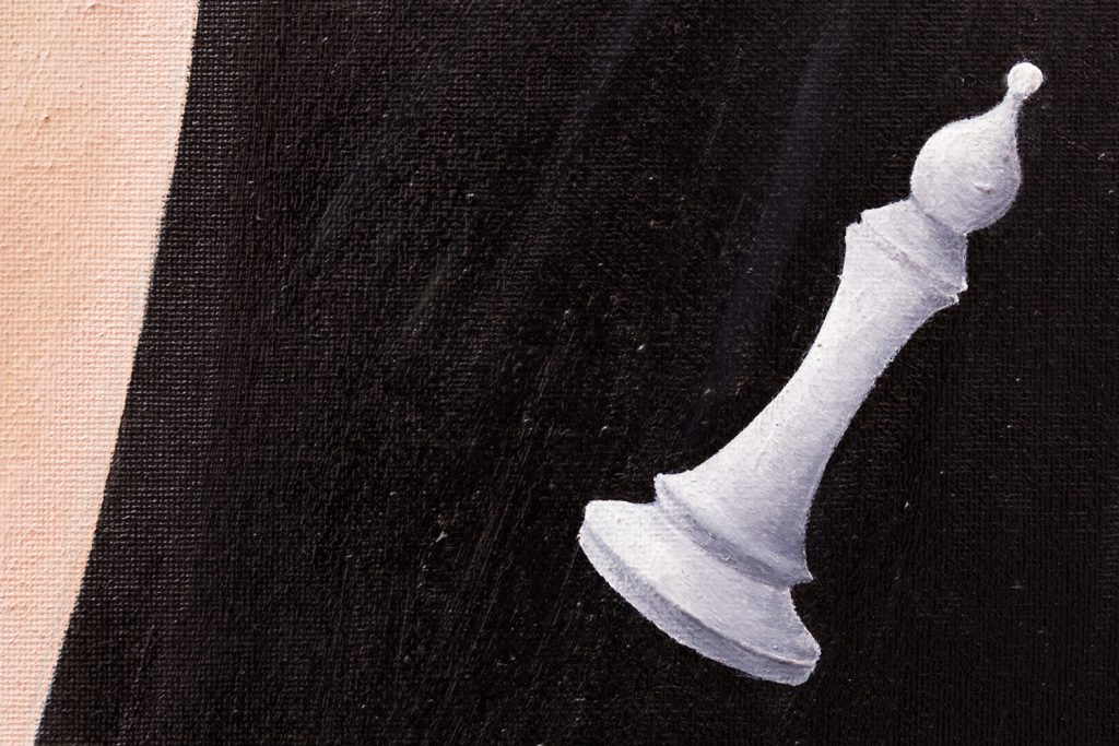 Arlecchino nella terra dei Giganti - Dipinto olio su tela del pittore Cesare Catania